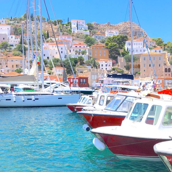 Hydra boats in harbour square image Hydra boats in harbour square image