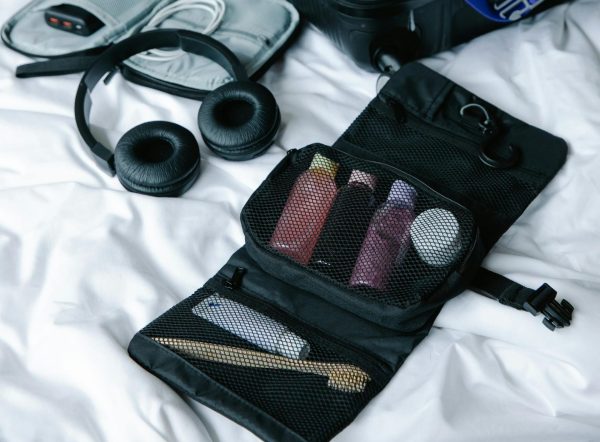 Travel toiletry bag and headphones